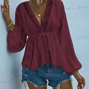 Sheer Red Deep V-Neck Loose Blouse